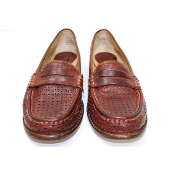 Women’s Frye Penny Loafers Dalia Brown Leather Perforated Shoes Flat Preppy 8 M - Picture 10 of 12